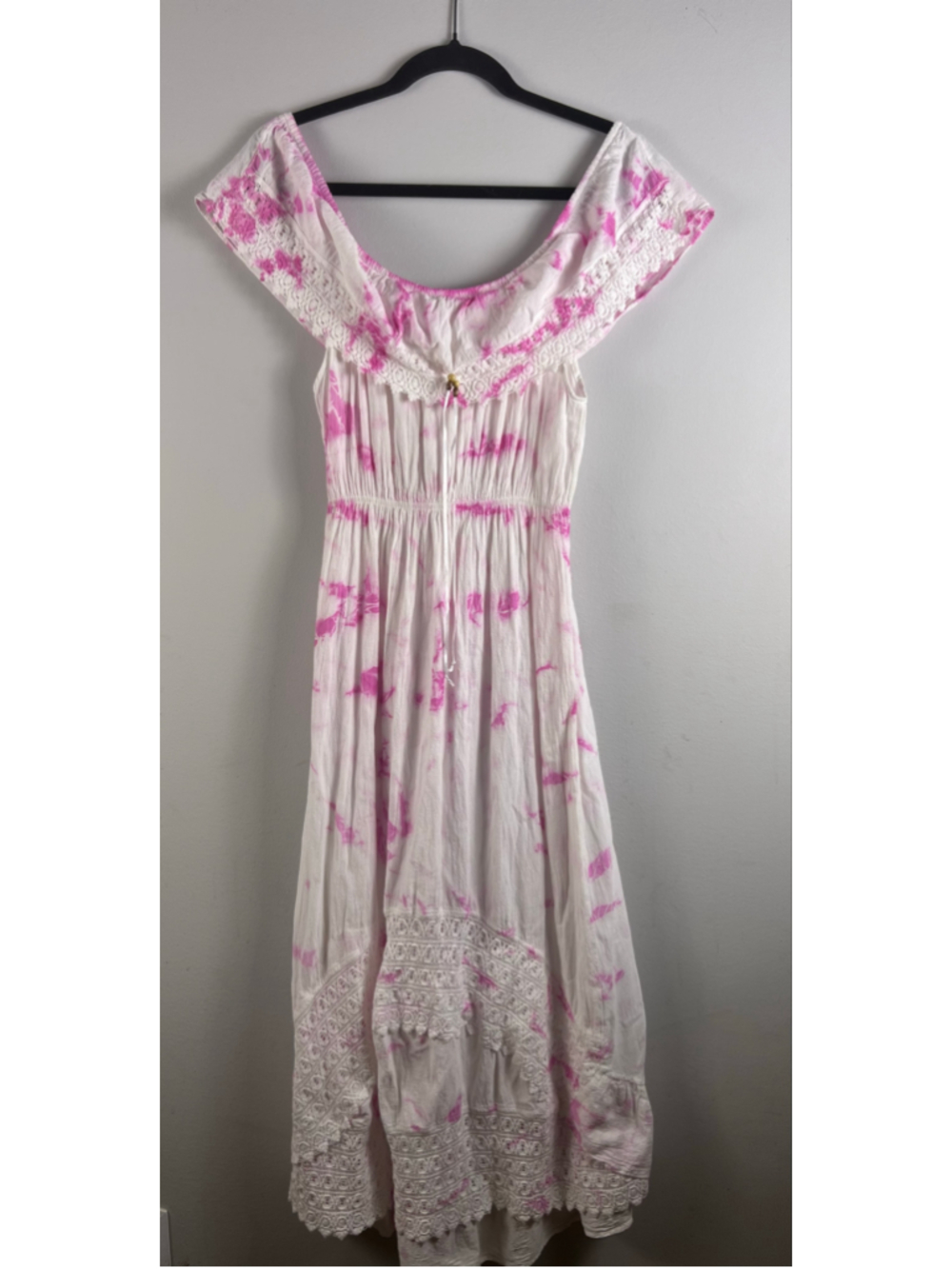 Sea Spice Resort Wear Pink Tie Dye Maxi Dress Crochet Lace Peruvian Cotton L